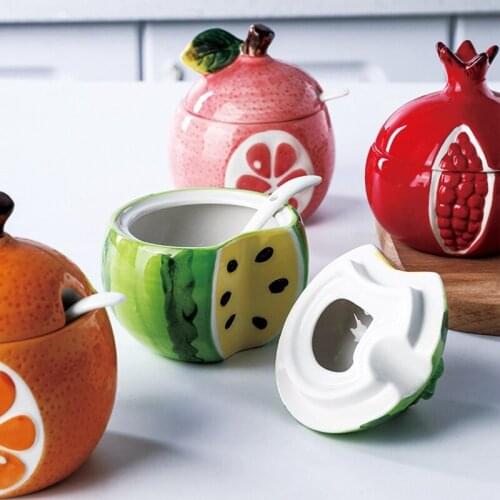 Porcelain Condiment Jar Spice Container With Lid Fruit Ceramic Box Sugar Salt Pepper Oil Tank Bottle Kitche