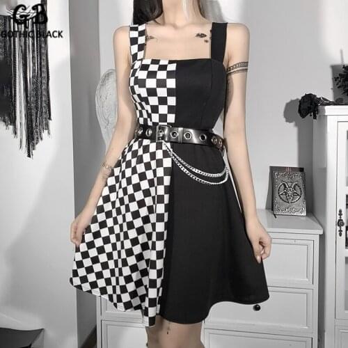Gothblack Dress Black and White Plaid Color Contrast Patchwork Suspender Dress Lattice Pattern High Waist Backless Gothic Outfit