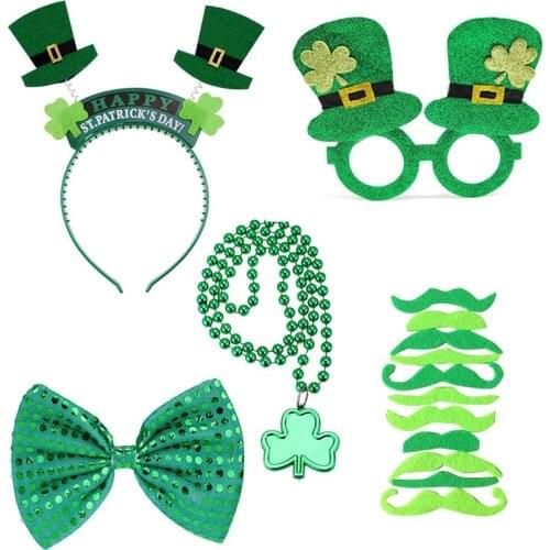 Irish Green Hat Clover Necklace Beard Glasses Bracelet Set St. PatrickS Day