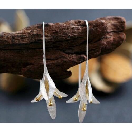 Dainty Korean Silver Color Lily Long Earrings for Women Boho Jewelry Bohemia Big Lotus Flower Earings Wedding Moda Mujer 2021