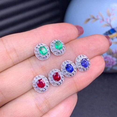 Exquisite colorful gemstone earrings for beauty jewelry stud earrings natural emerald ruby sapphire real 925 silver earring gift