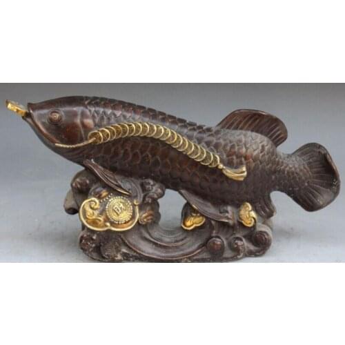 Bi001649 16" Chinese Bronze Gilt Carving Money Wealth Ru Yi Fish Goldfish Animal Statue
