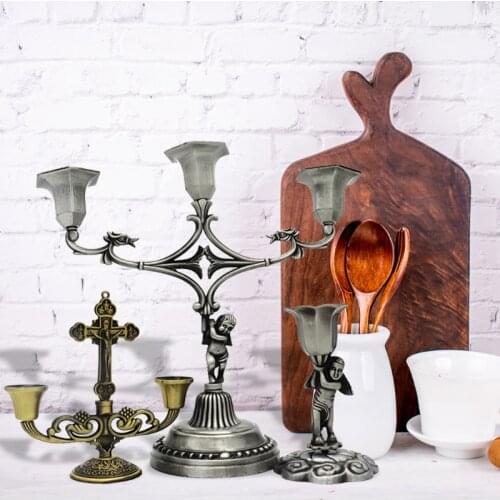 Christian Catholic Sacred Crucifix Table Stand Candlestick with Handle Metal Tabletop Candle Holder Home Furnishing Desktop