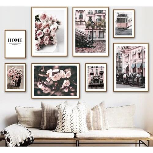 Rose Flower Tram Bike Peach Blossom Quote Wall Art Canvas Painting Nordic Posters And Prints Wall Pictures For Living Room Decor