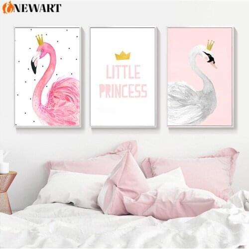 Baby Girl Nursery Pink Wall Poster and Print Flamingo Swan Quote Bedroom Canvas Decoration Painting Picture Kids Bedroom Decor