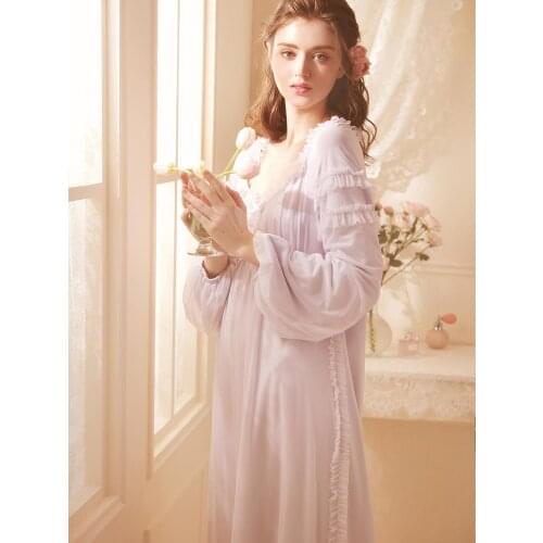 Free Shipping 2020 New Princess Purple and White Long Nightshirt Modal Nightgown Womens Soft Yarn Sleepwear Ladies pijamas