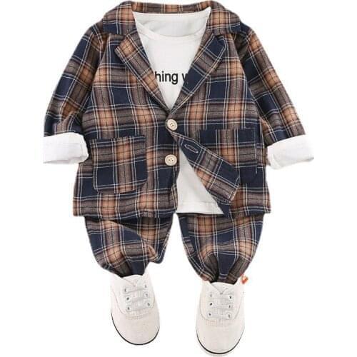 New Spring Autumn Baby Boys Clothes Suit Children Plaid Coat T-Shirt Pants 3Pcs/Sets Toddler Gentleman Costume Kids Tracksuits