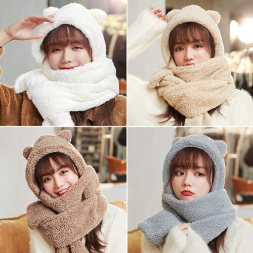 Autumn Winter Windproof Warm Bear Hat Scarf Gloves Three-Piece Cute Women Lamb Plush One-Piece Cold-Proof Bib Earmuffs Cap A68