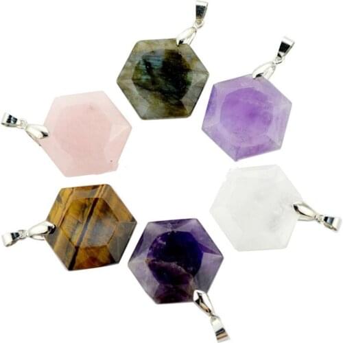 Hexagonal Pointed Pendant Necklace Reiki Natural Stone Healing Crystal Quartz Silvertone Jewelry for Womens