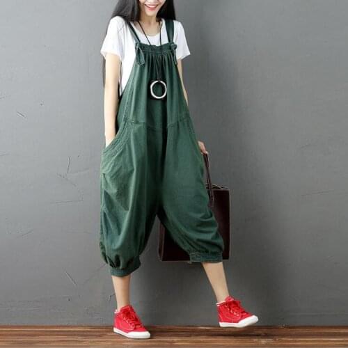 Simple Solid Color Nine-point Jumpsuit Korean Style New Low-crotch Stitching Large Pockets Loose Casual Rompers