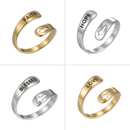 Religious Blessed Stainless Steel Rings for Women Gold Letter LOVE HOPE FAITH Open Ring Men Jewelry Birthday Gift Wholesale 2021