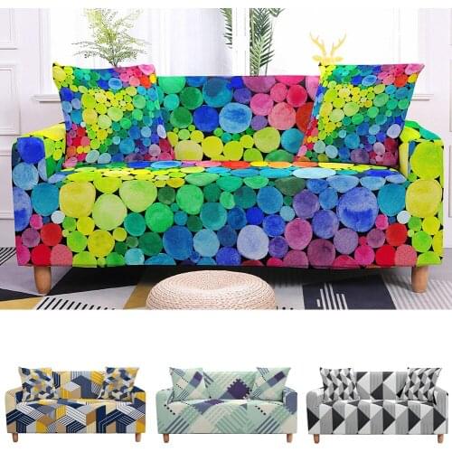 Colorful Circle Stretch Sofa Cover for Living Room Geometric Sectional Couch Cover Elastic Armchair Slipcovers LoveSeat