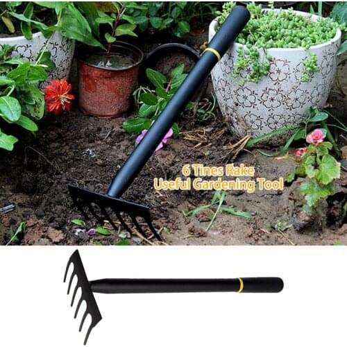 Garden Hand Rake - 6 Tines Metal Garden Cultivator Rake Small Tiller Tools with High Carbon Steel Heads for Planting