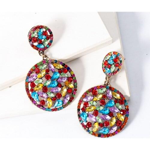 New Colorful Shiny Rhinestone Round Dangle Earrings For Women Fashion Jewelry Bridal Wedding Maxi Statement Earrings Accessories