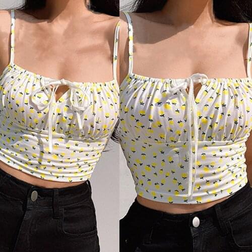 Floral Print Sleeveless Camis Top Tee Summer Tie Up Backless Crop Top Women Fashion Summer Spaghetti Strap Top