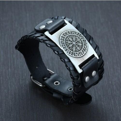Viking Vegvisir Compass Bangles Nordic Runes Odin Symbol Wrap Genuine Leather Men Jewelry Accessories