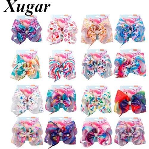 Xugar 4pcs-9pcs/set 8" Hair Accessories Siwa Hair Clips for Girls Rainbow Printed Ribbon Hair Bows Rhinestone BOWS Hairgrips