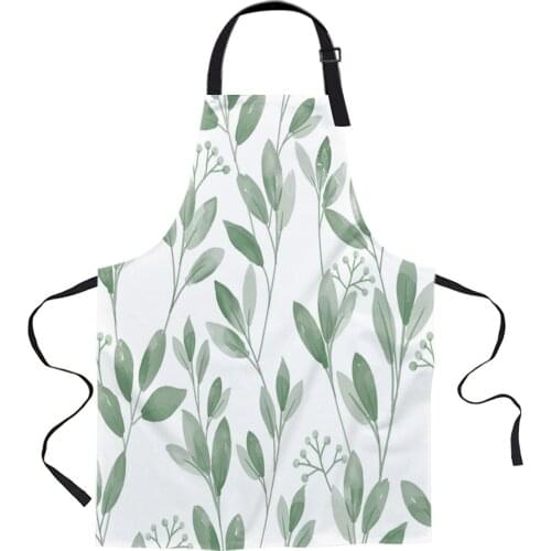 Green Watercolor Plant Leaves Printed Kitchen Cooking Baking Aprons Canvas Sleeveless For Women Man Kids Home Delantal Cocina