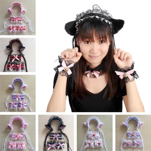 Anime Lace Cat Ears Headband with Bell Neck Ring Wristband Maid Lace Bell Headbands Hair Hoop Hair Accessories for Women Girl