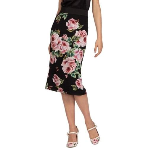 Customized Spring New Fashion Womens Rose Floral Print Straight Skirt Ladies Elegant Elastic Waist Knee-Length Plus Size Skirts