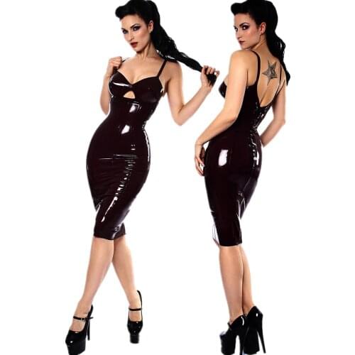 Women Hollow Out Bodycon Shiny PVC Latex Leather Dresses Plus Size Lady Spaghetti Straps Sleeveless Sexy Backless Dress