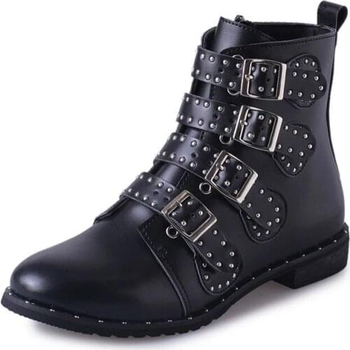 Winter warm Ankle Boots Sexy Buckles Low Heeled Women Boots Black Studded Leather Zipper Ladies Shoes Plus Size 43