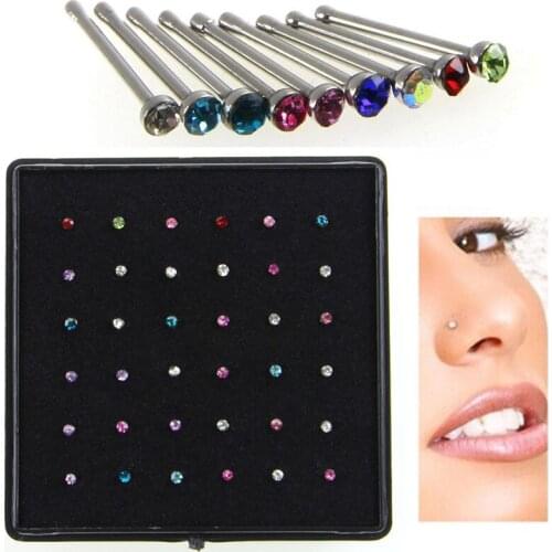 36Pcs/Pack Crystal Rhinestone Nose Ring Studs Bulk Bone Straight Stud Bar Piercing Nose Ring Jewelry & Accessories