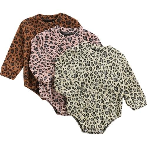 New Baby Autumn Rompers, Leopard Print Long-Sleeves Jumpsuit with Crotch Buttons for Toddlers Girls, Boys, 0-24 Months