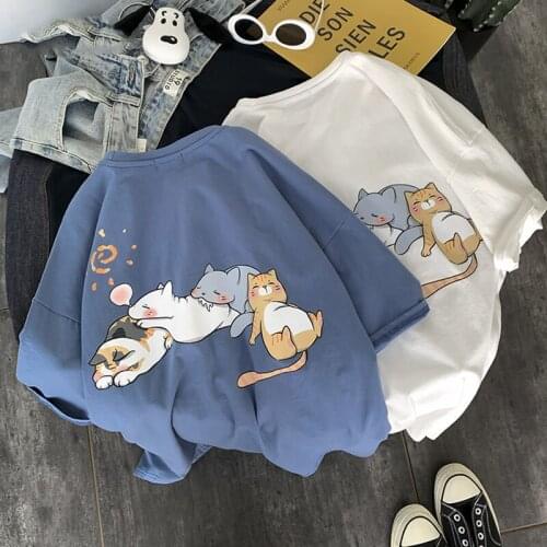 Latimeelon Blue Japan Cat T-Shirt Male Funny Harajuku Tee Streetwear Couple Fashion Youth Half Sleeve Oversize Korean T Shirts