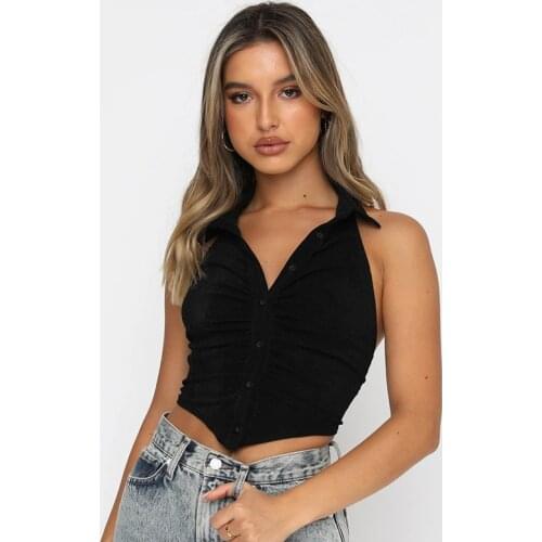 Women T-Shirt Sexy Backless Button Top Short Halter Hot Solid Color Sleeveless Ladies Lapel Summer Beach Fashion Female Clothes