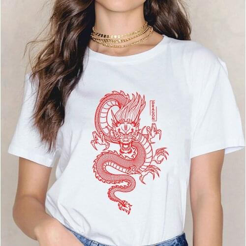 Dragon Pattern Printed Tshirts Casual Loose Y2k Tops Tee Harajuku 90s Vintage White Tshirt Female Clothing Summer Women T-shirt