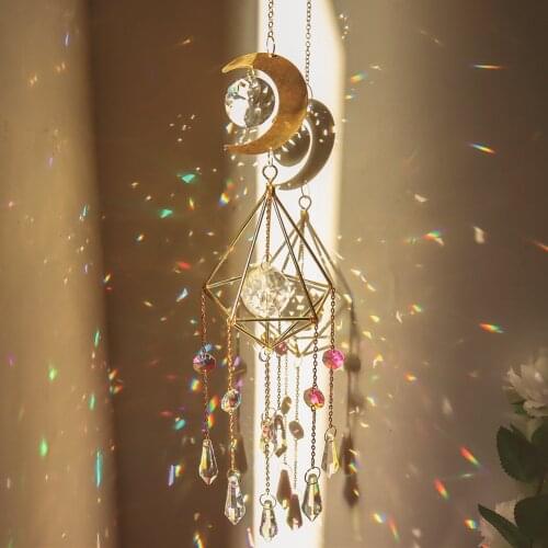 Crystal Wind Chime Star Moon Sun Pendant Dream catcher Metal Frame Lighting Ball Pointed Bead Flower Jewelry Home Decor