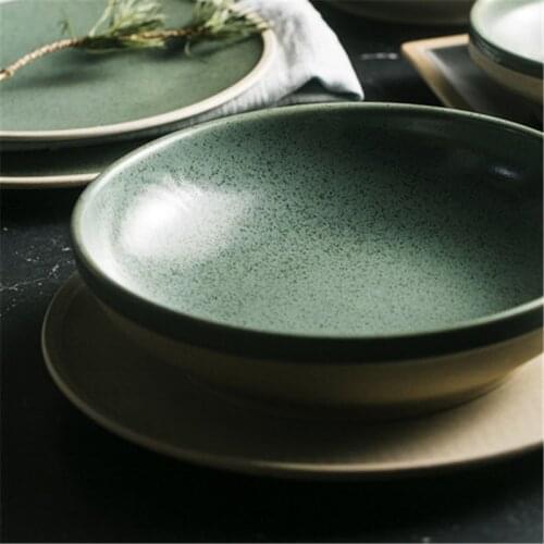 KINGLANG Mint green crystal shallow mouth ceramic household shallow dish pot soup fruit bowl dessert salad bowl