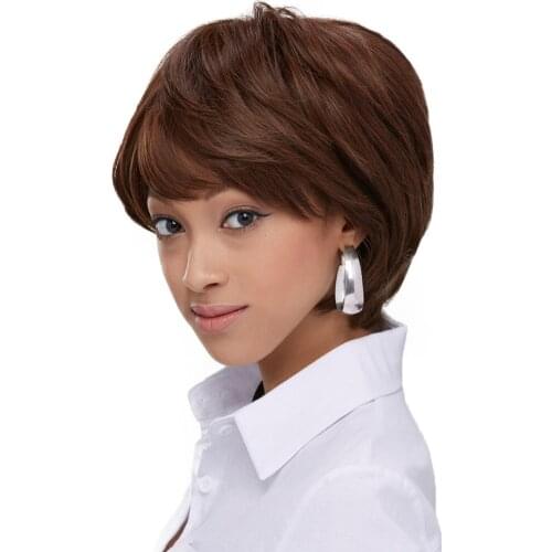 Short Straight Synthetic Wigs For Women Dark Brown Color Wig With Side Bang 10 inches Average Synthetic Wig For Party Daily Life