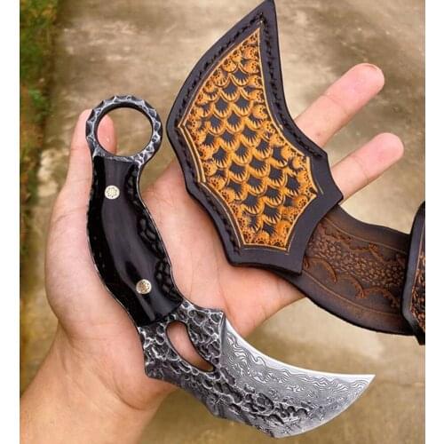 Imported Forged Damascus Steel Blade Outdoor Tactical Utility Fixed Blade Self Defense Tool Full Tang Karambit Hunting Knife