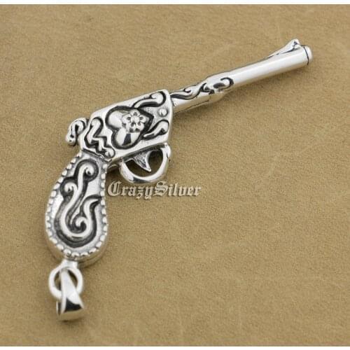 LINSION 925 Sterling Silver Mens Biker Rock Punk Pistol Pendant 9V015