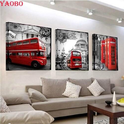 3pcs set 5D DIY Diamond Painting London Street Red bus Cross Stitch kits embroidery Mosaic paintings rhinestone European Decor