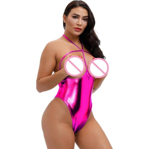 New Sexy bikini swimwear women swimsuit one piece biquini bikinis Patent leather Bright light Halter String Hollow out Dew Thong