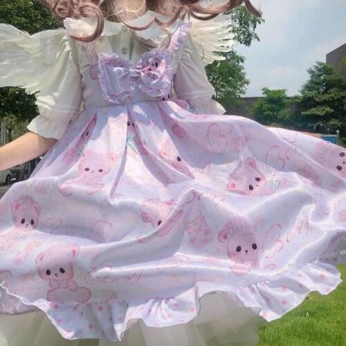 New Japanese Sweet Soft Girl Lolita Tea Party Spaghetti Strap Dress Women Kawaii Baby Bear Print Cute Clothing Dress JSK Vintage