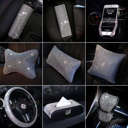 Luxury Rhinestones Crystal Car Seat belt cover pad Neck pillow Waist Support Steering wheel cover Auto Interior Accessories