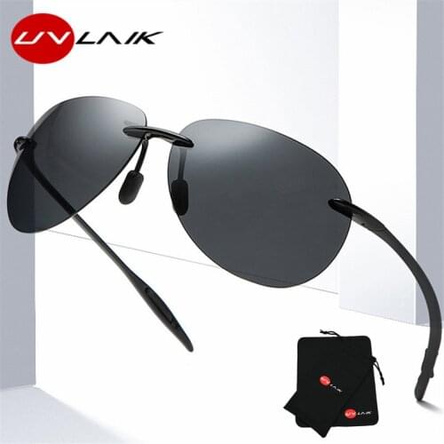 UVLAIK Pure Titanium TR90 Rimless Polarized Sunglasses Men Ultralight Pilot Sun Glasses for Women Mirror with bags cloth