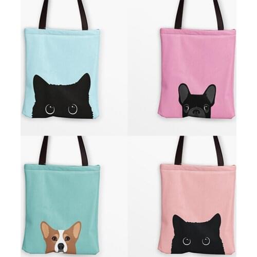 Cartoon Cat Corgi French BULLDOG Large Capacity Harajuku Casual Tote Bag New Womens College Plaid Canvas Shoulder Bags