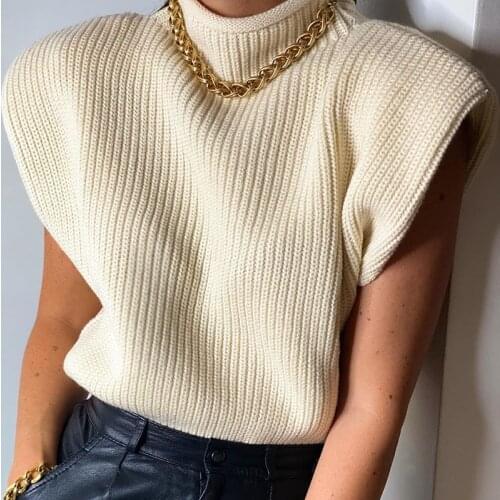 Evfer Autumn Fashion Ladies Za Shoulder Pad Yellow Knitted Pullover Sweaters Women Casual Sleeveless Turtleneck Knitwear Tops
