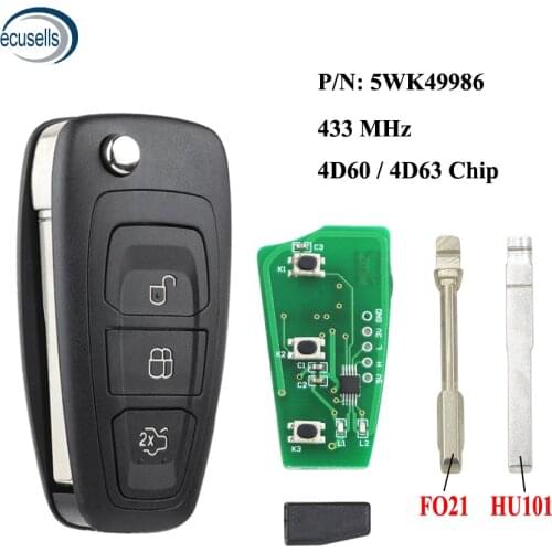 3 Button Smart Folding Remote Key Fob 433MHZ With 4D60/4D63 Chip for Ford Focus MK3 and T6 Ranger FO21 HU101 Blade 5WK49986