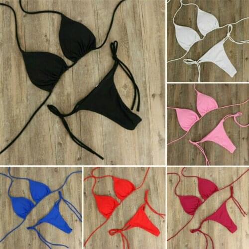 Women Summer Beachwear Sexy Micro Bikini Set Tie Side G-String Thong Swimsuit Low Waist Solid Swimwear