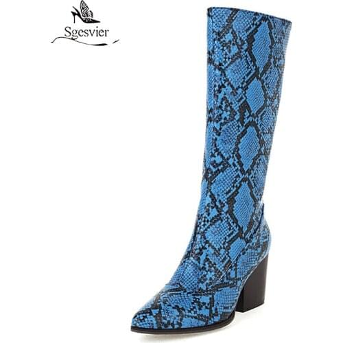 Sgesvier Blue Snake Print Fashion Sexy Female Mid-Calf Boots Pointed Thick Heel Short Plush Shoes Zipper Snake Print Leather