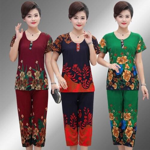 Women 2021 Summer Two Piece Set Short Sleeve T-shirt Tops and Pants Middle Age Women Fashion Plus Size Print Casual Outfits L442