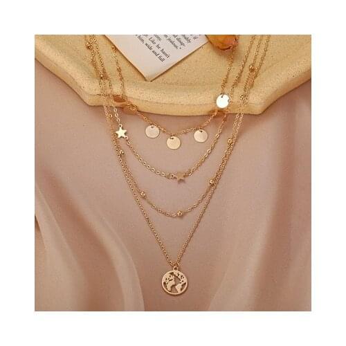 Bohemian Gold Color Round Choker Necklace for Women Chains Statement Necklace Star Map Pendant Necklaces Boho Jewelry Gift