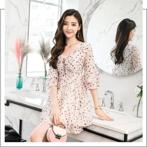 Women Dress V Neck Bandage Flare Sleeve Tunic Print Chiffon Elegant Female Summer Slim Casual Beach Holiday Mini Pleated Dresses