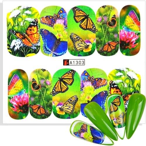 1 Sheet Nail Art Sticker Flower Butterfly Water Transfer Decals Beautiful Green Pattern Design Nails Tattoo Slider Decoration